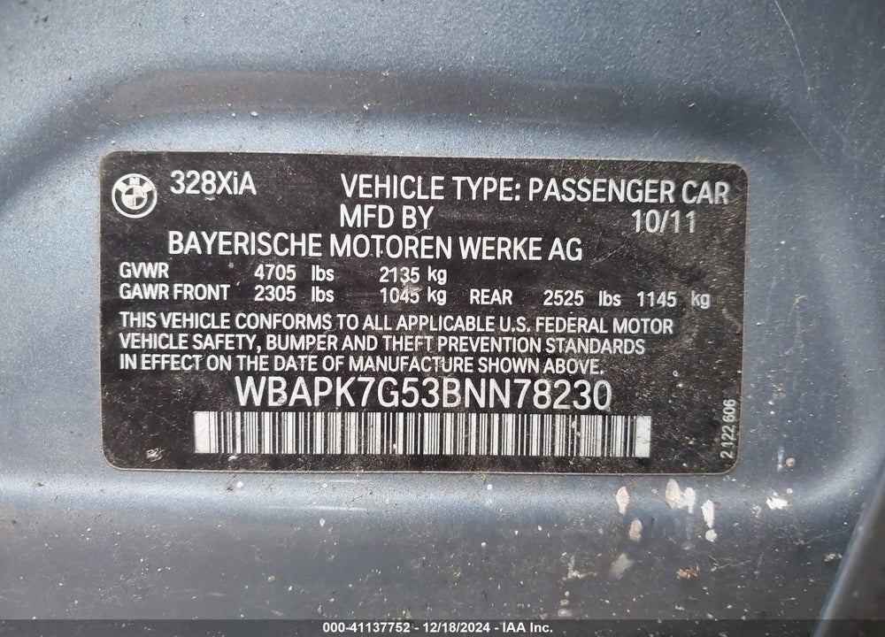 2011 BMW 328I XDRIVE VIN: WBAPK7G53BNN78230