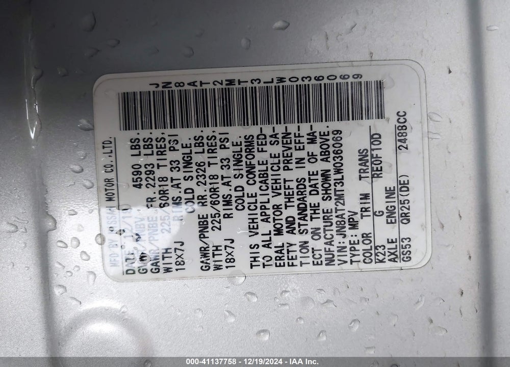 2020 NISSAN ROGUE SV FWD VIN: JN8AT2MT3LW036069