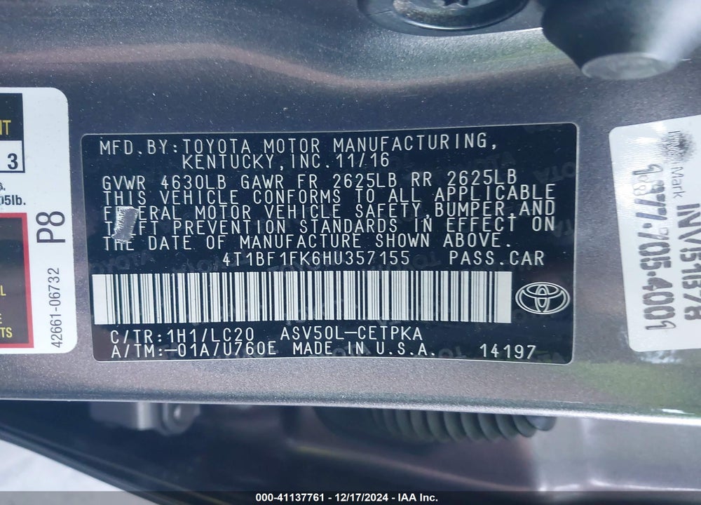 2017 TOYOTA CAMRY XSE VIN: 4T1BF1FK6HU357155