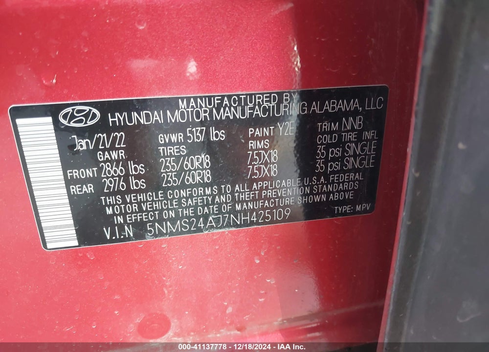 2022 HYUNDAI SANTA FE SEL VIN: 5NMS24AJ7NH425109