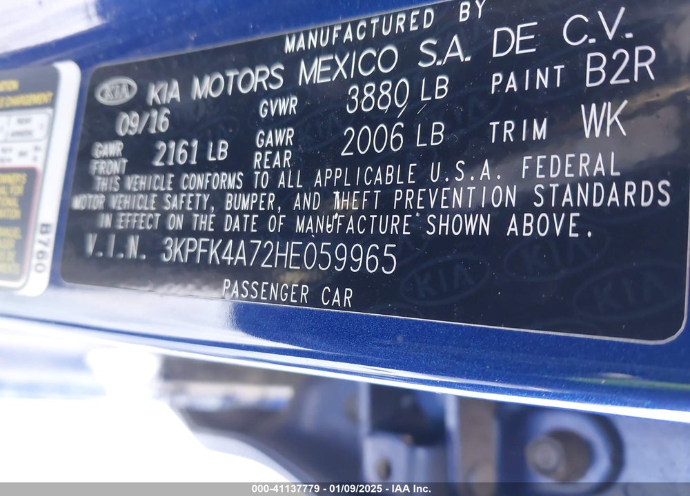 2017 KIA FORTE VIN: 3KPFK4A72HE059965