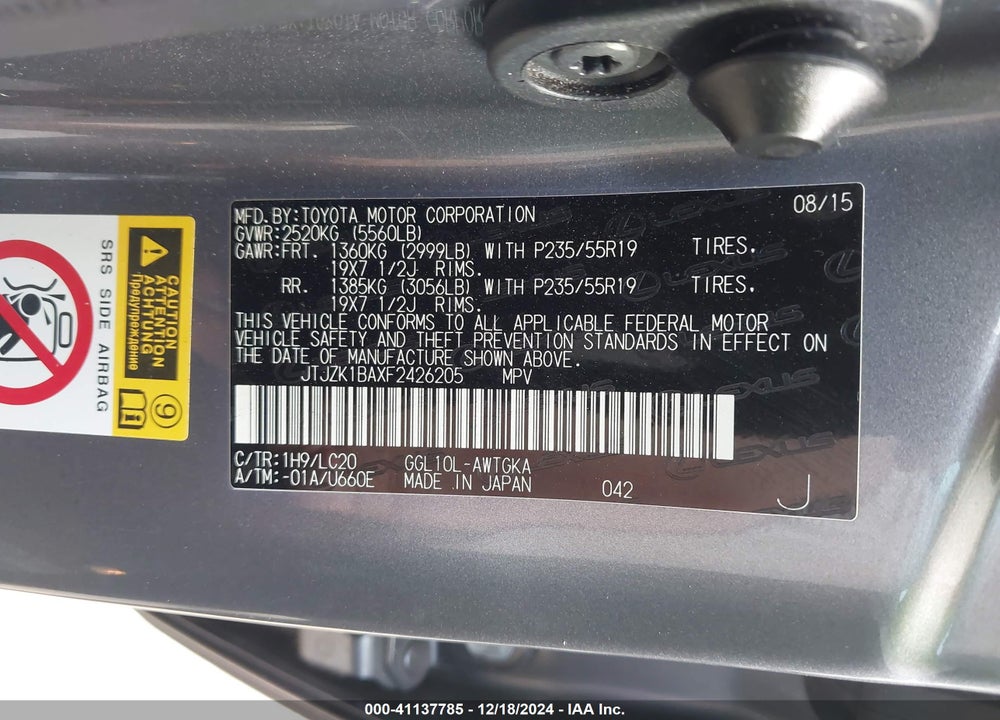 2015 LEXUS RX 350 VIN: JTJZK1BAXF2426205