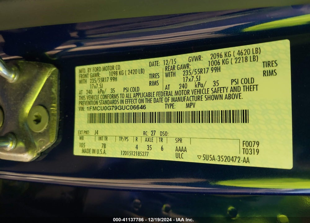 2016 FORD ESCAPE SE VIN: 1FMCU0G79GUC06646