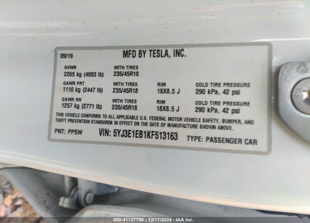 2019 TESLA MODEL 3 VIN: 5YJ3E1EB1KF513163