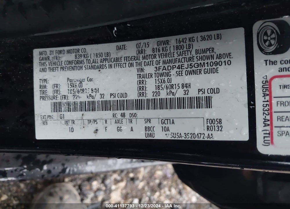2016 FORD FIESTA SE VIN: 3FADP4EJ5GM109010