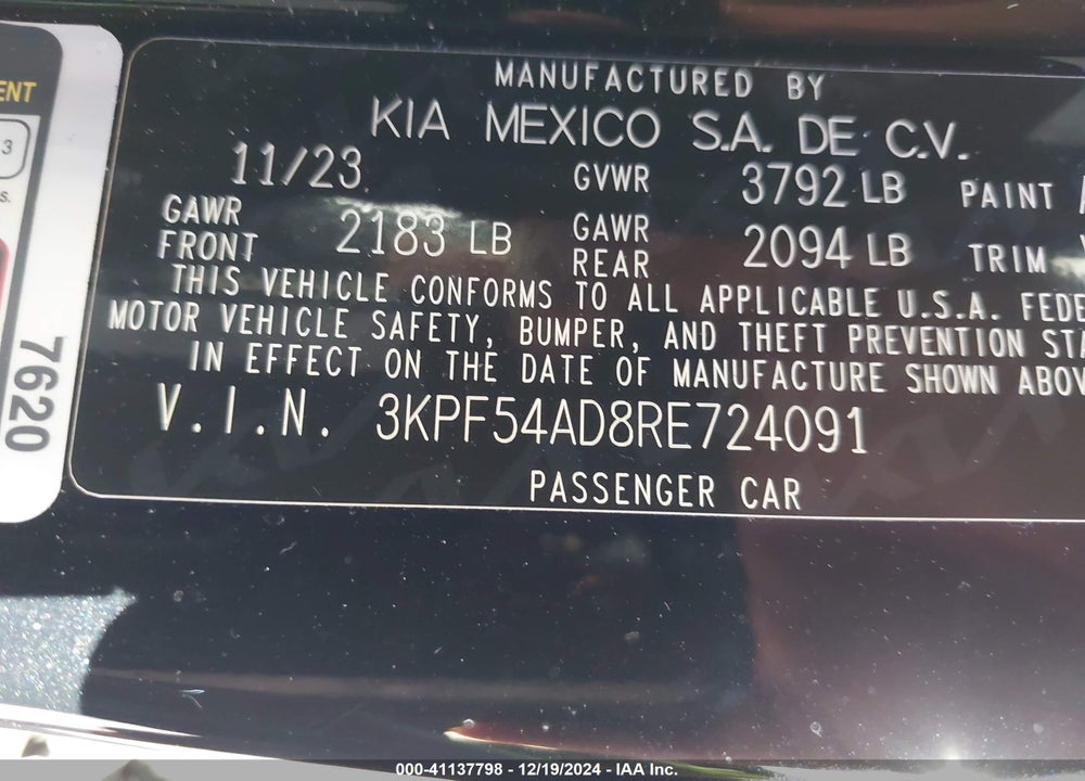 2024 KIA FORTE VIN: 3KPF54AD8RE724091