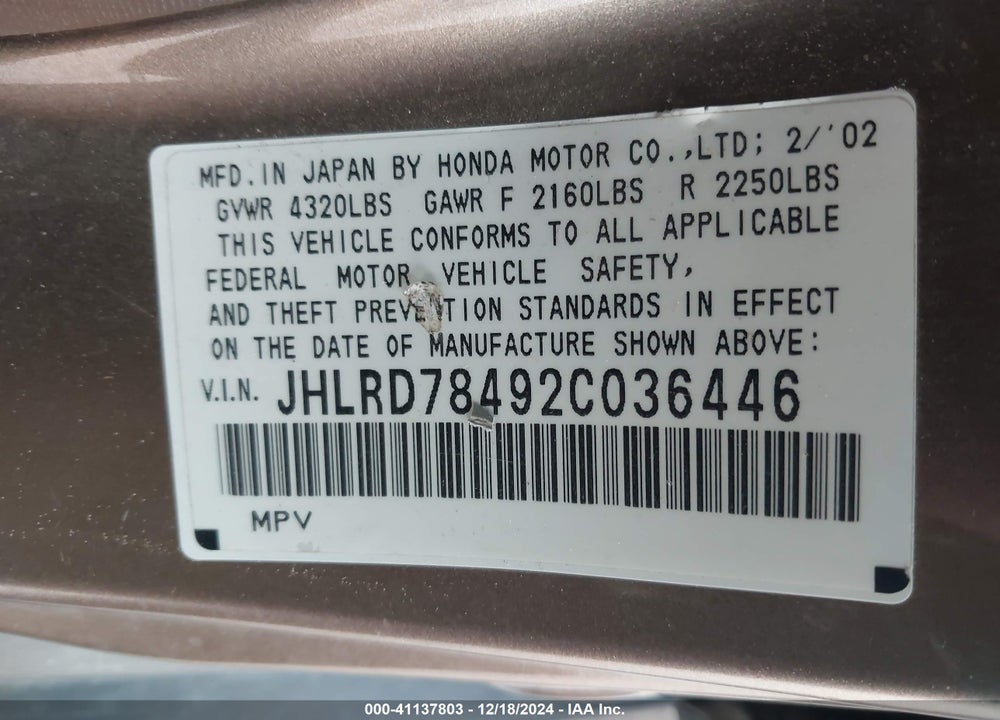 2002 HONDA CR-V LX VIN: JHLRD78492C036446
