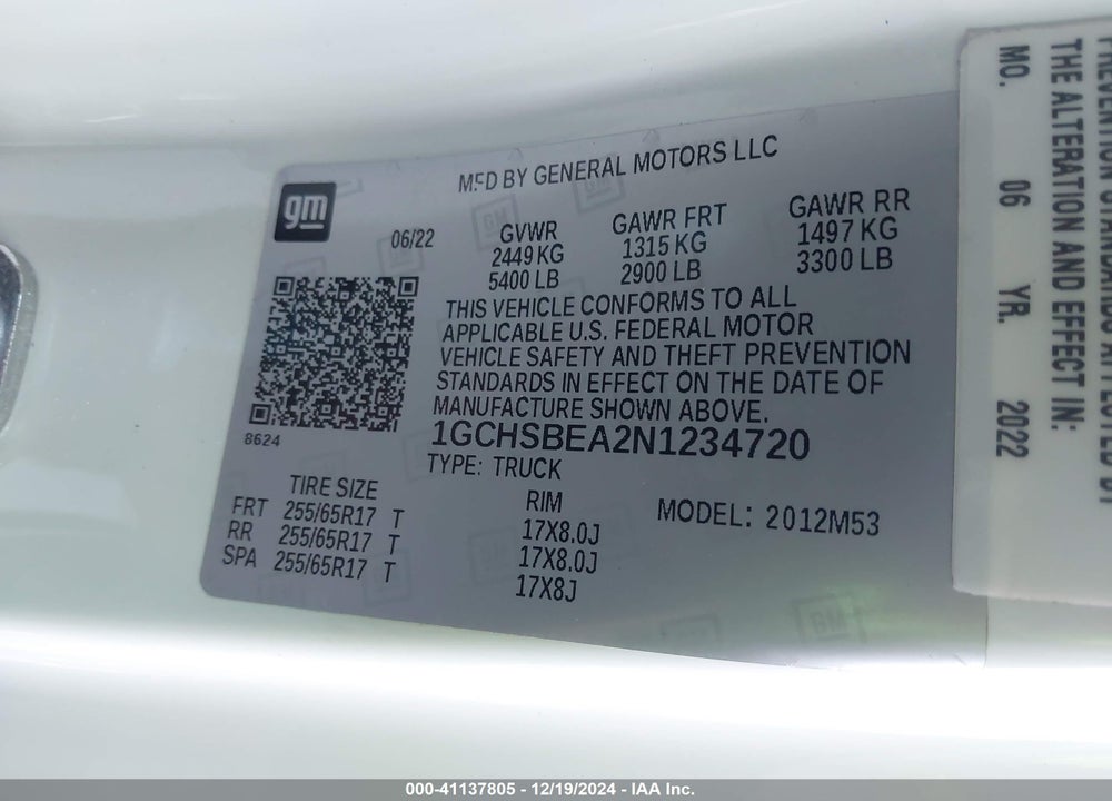 2022 CHEVROLET COLORADO 2WD LONG BOX WT VIN: 1GCHSBEA2N1234720