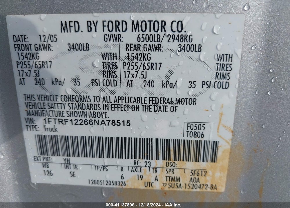 2006 FORD F-150 STX/XL/XLT VIN: 1FTRF12266NA78515