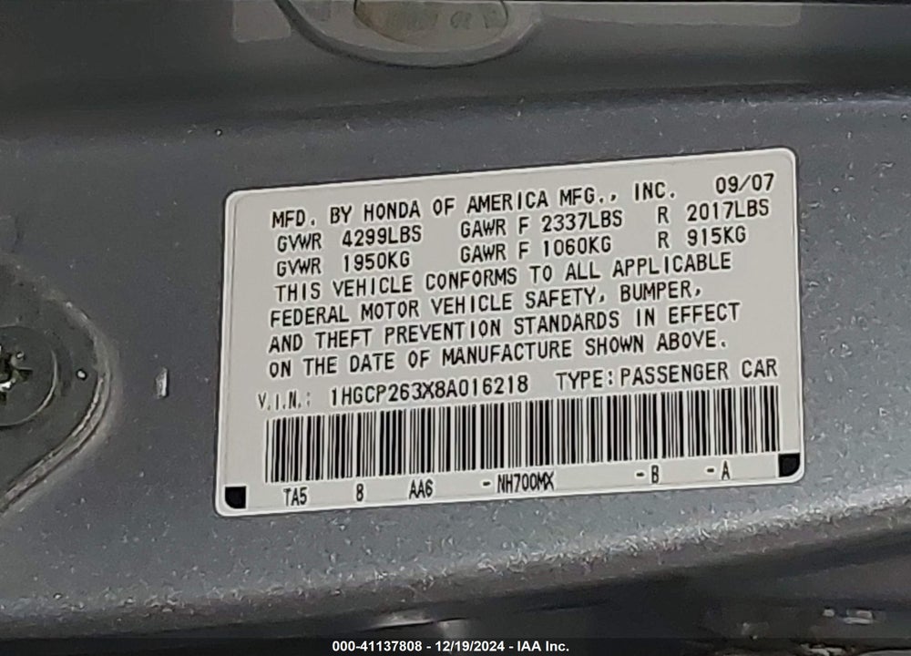 2008 HONDA ACCORD 2.4 LX VIN: 1HGCP263X8A016218