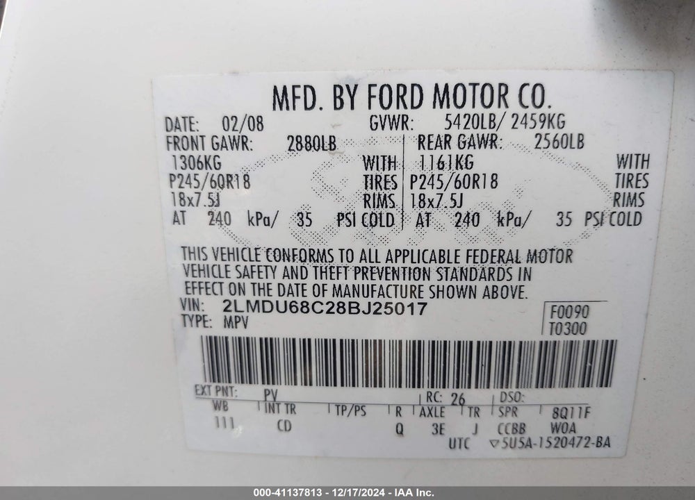 2008 LINCOLN MKX VIN: 2LMDU68C28BJ25017