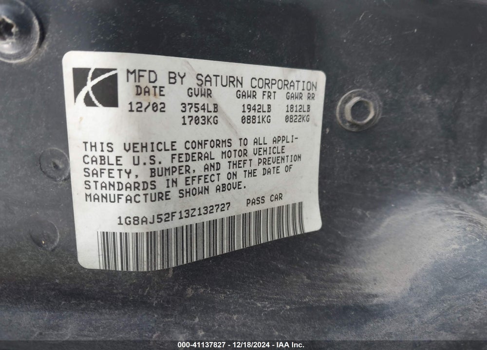 2003 SATURN ION ION 2 VIN: 1G8AJ52F13Z132727