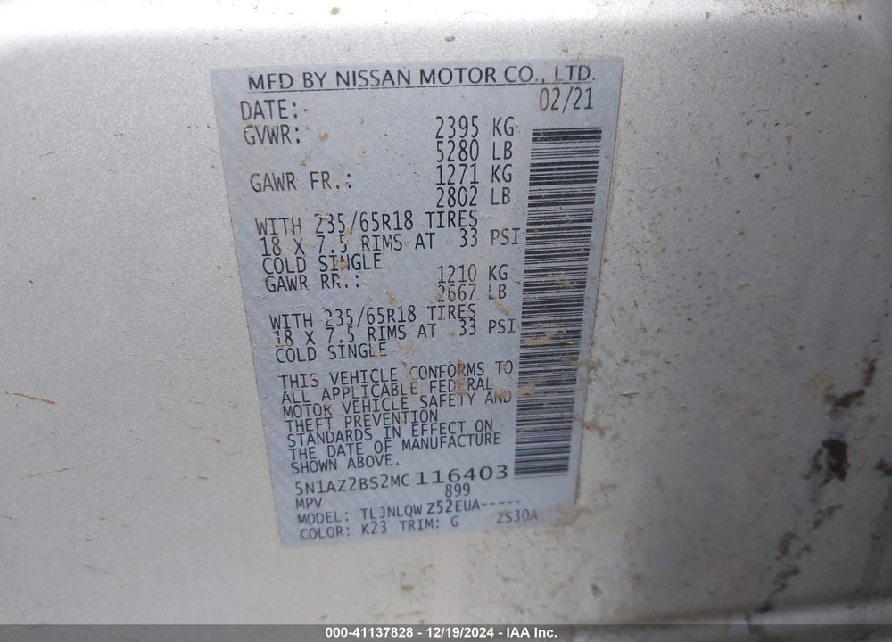 2021 NISSAN MURANO VIN: 5N1AZ2BS2MC116403