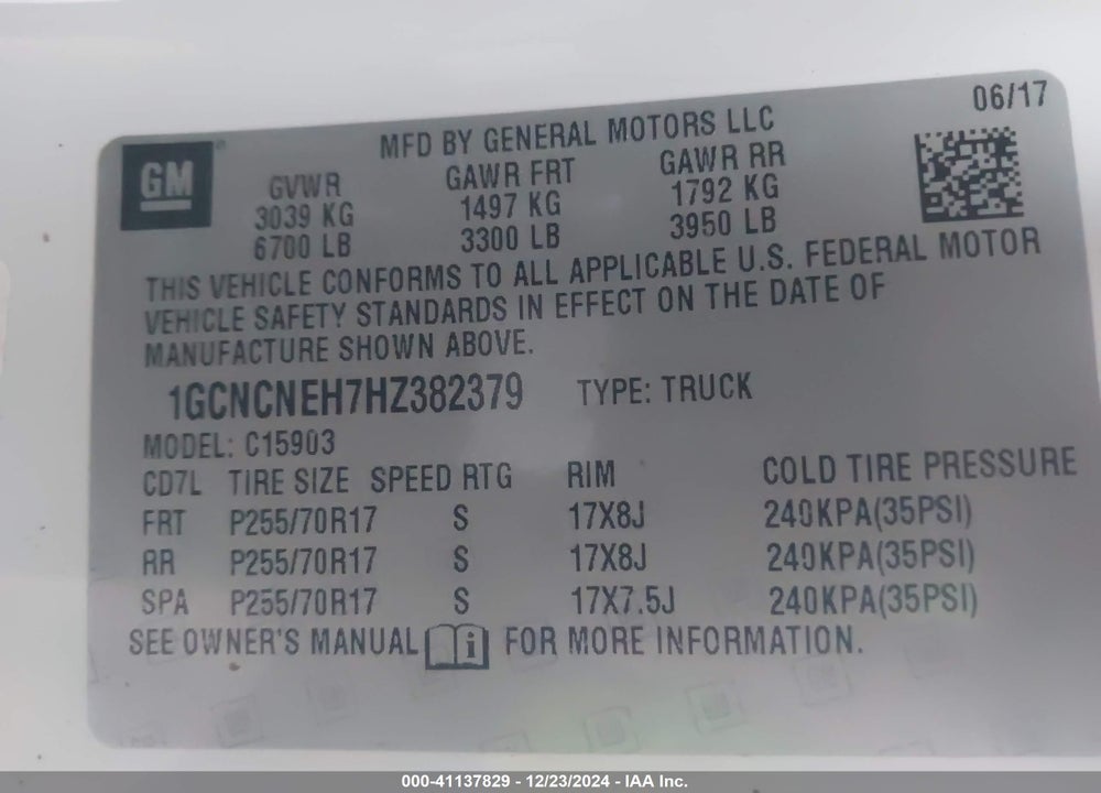 2017 CHEVROLET SILVERADO 1500 WT VIN: 1GCNCNEH7HZ382379