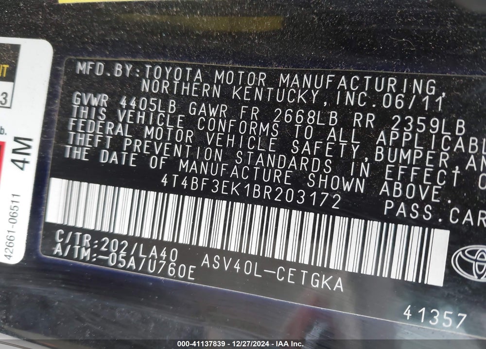 2011 TOYOTA CAMRY XLE VIN: 4T4BF3EK1BR203172