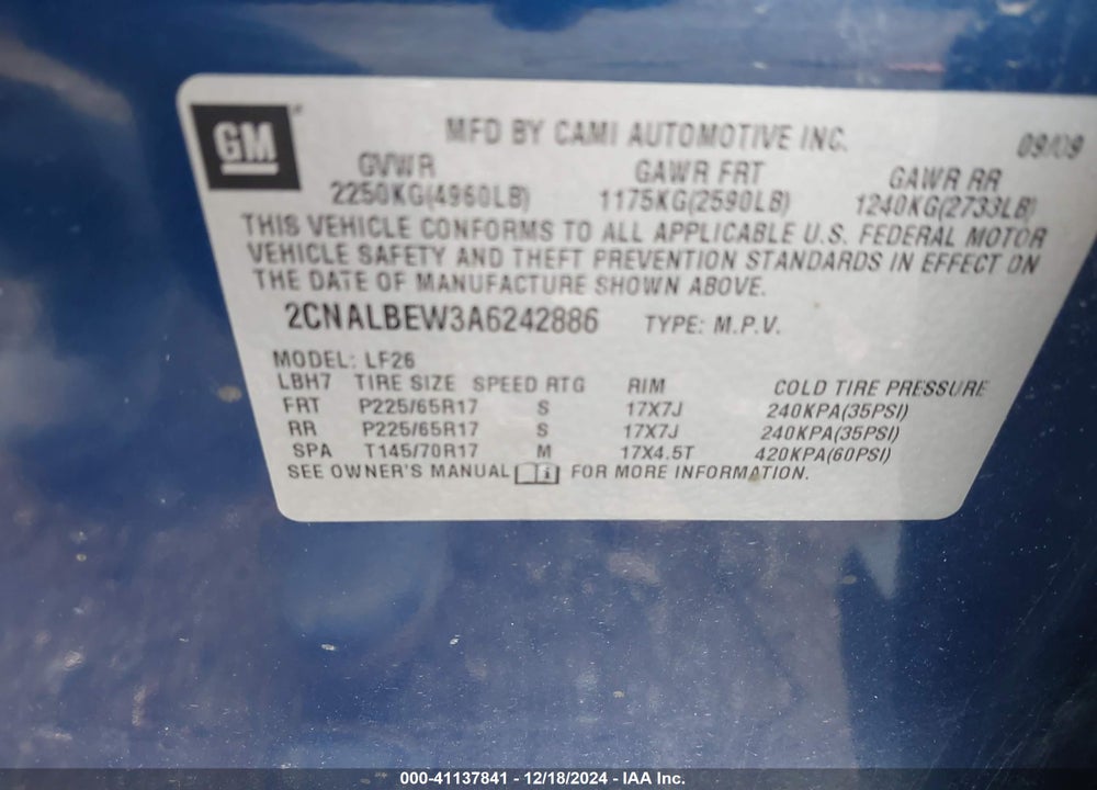 2010 CHEVROLET EQUINOX LS VIN: 2CNALBEW3A6242886