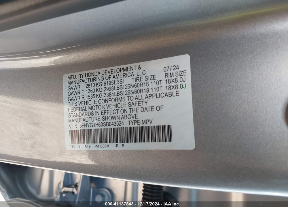 2025 HONDA PILOT TRAILSPORT VIN: 5FNYG1H63SB043524