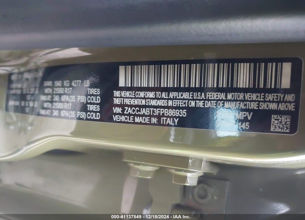 2015 JEEP RENEGADE LATITUDE VIN: ZACCJABT3FPB86935