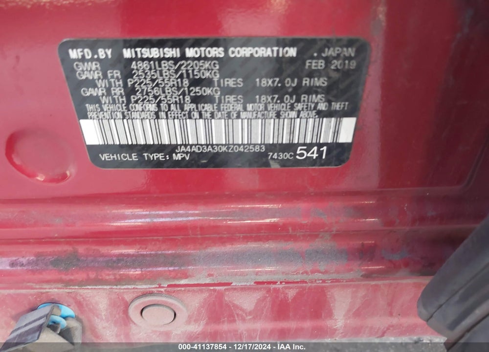 2019 MITSUBISHI OUTLANDER LE/SE/SEL VIN: JA4AD3A30KZ042583