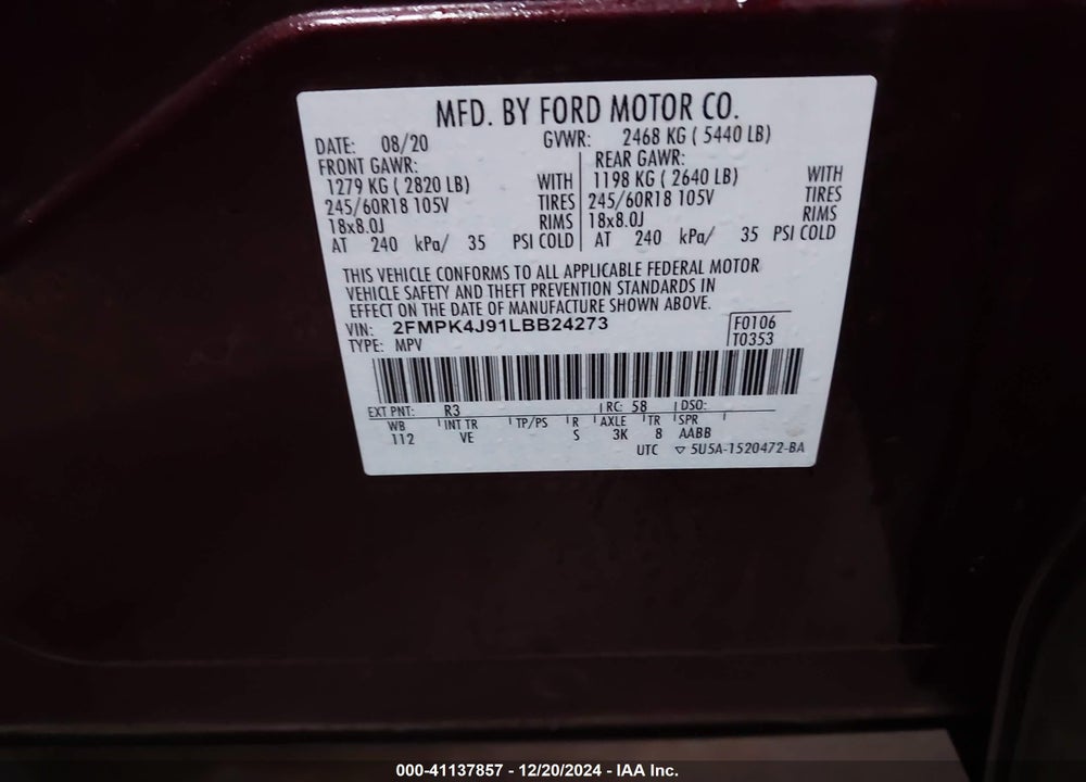 2020 FORD EDGE SEL VIN: 2FMPK4J91LBB24273