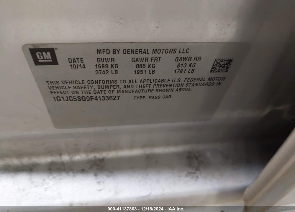 2015 CHEVROLET SONIC VIN: 1G1JC5SG9F4133627