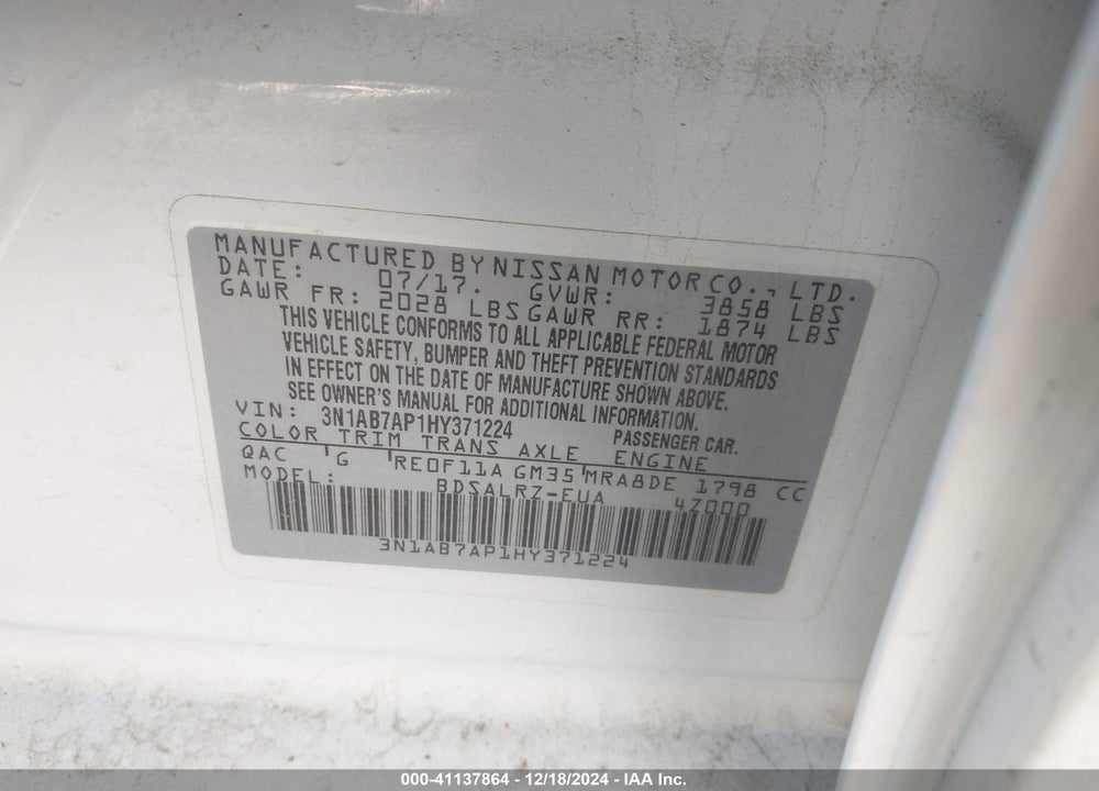 2017 NISSAN SENTRA VIN: 3N1AB7AP1HY371224