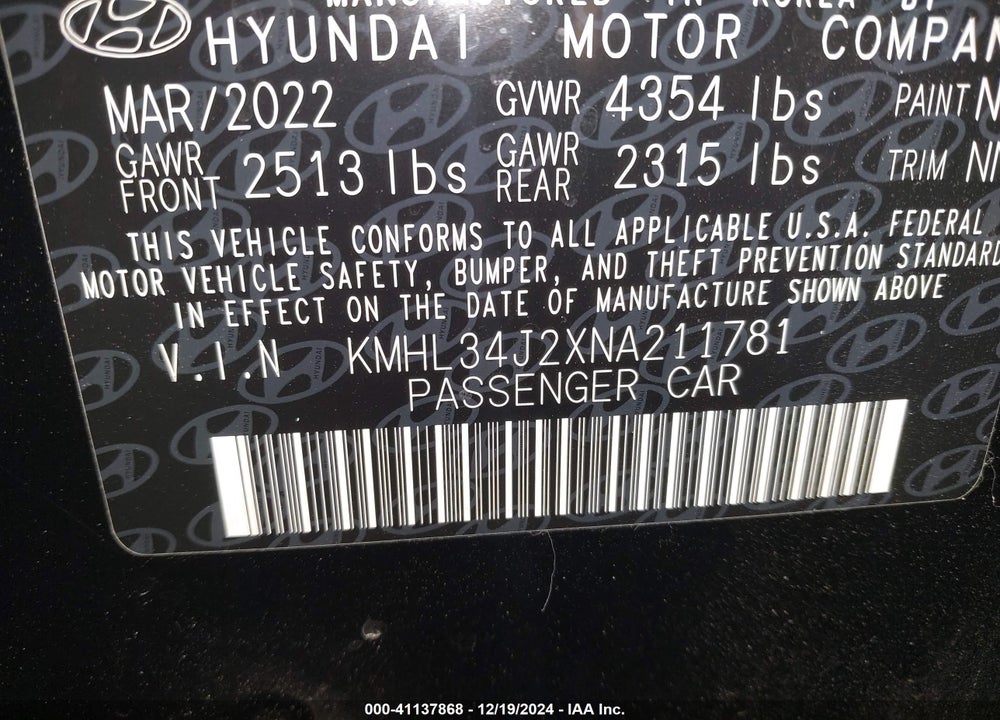 2022 HYUNDAI SONATA LIMITED VIN: KMHL34J2XNA211781