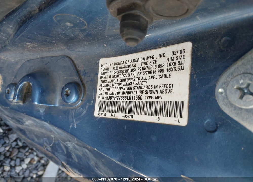 2006 HONDA ELEMENT LX VIN: 5J6YH27366L011660