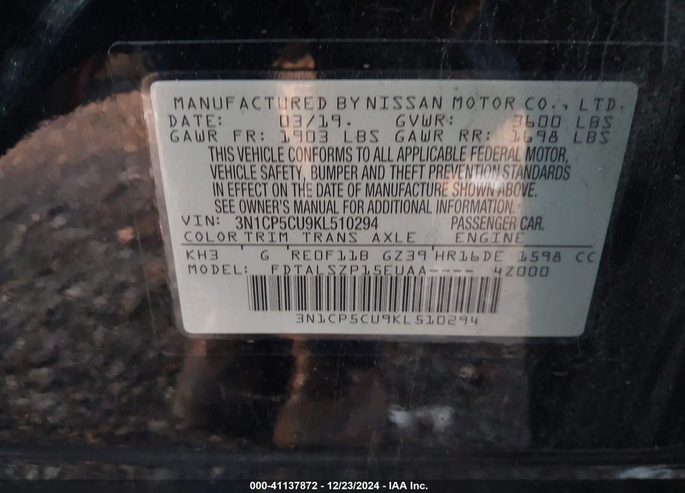 2019 NISSAN KICKS SV VIN: 3N1CP5CU9KL510294