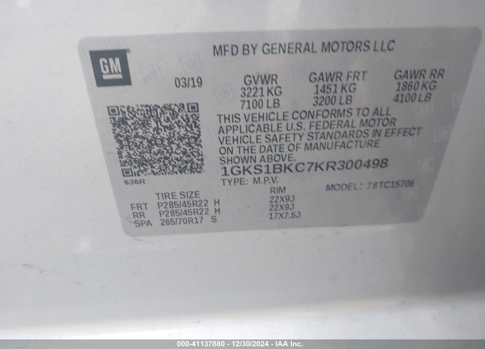 2019 GMC YUKON SLT VIN: 1GKS1BKC7KR300498
