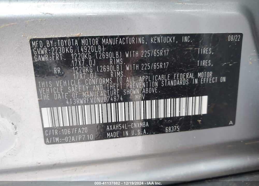 2022 TOYOTA RAV4 HYBRID XLE VIN: 4T3RWRFV0NU074874