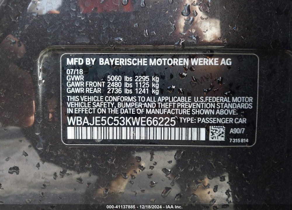 2019 BMW 540I VIN: WBAJE5C53KWE66225