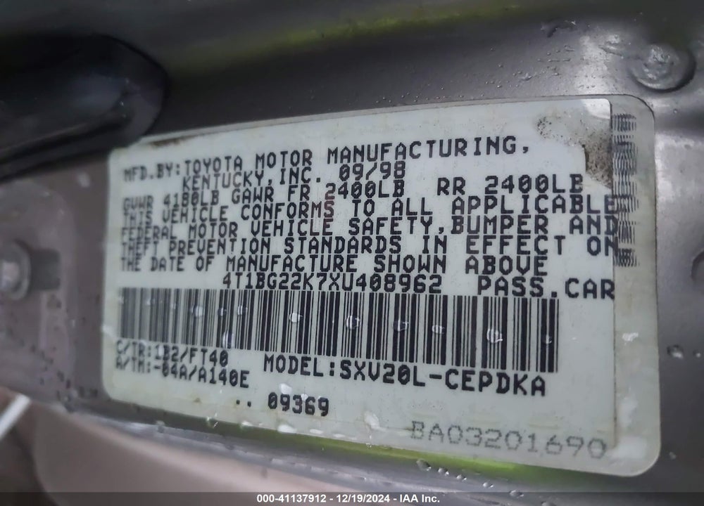 1999 TOYOTA CAMRY CE VIN: 4T1BG22K7XU408962
