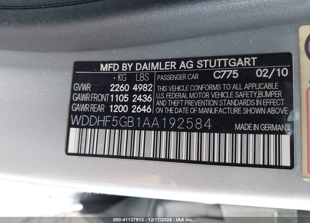 2010 MERCEDES-BENZ E 350 VIN: WDDHF5GB1AA192584