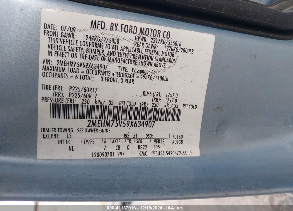 2009 MERCURY GRAND MARQUIS LS (FLEET ONLY) VIN: 2MEHM75V59X634907
