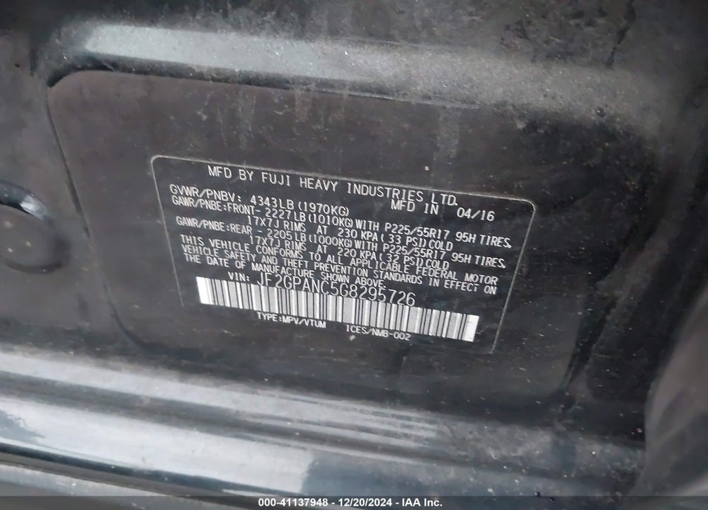 2016 SUBARU CROSSTREK 2.0I LIMITED VIN: JF2GPANC5G8295726