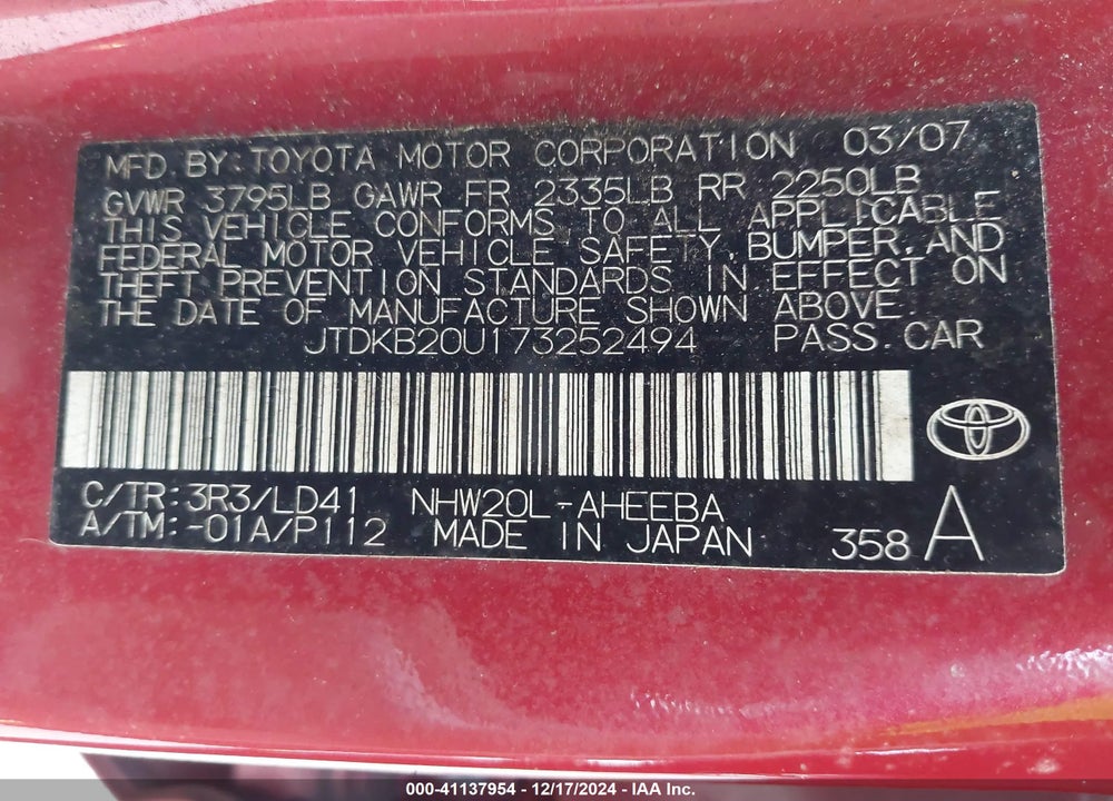 2007 TOYOTA PRIUS TOURING VIN: JTDKB20U173252494