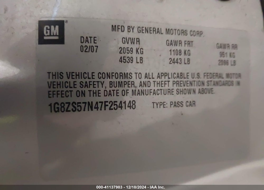 2007 SATURN AURA VIN: 1G8ZS57N47F254148