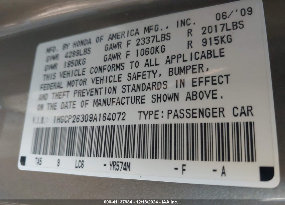 2009 HONDA ACCORD 2.4 LX VIN: 1HGCP26309A164072