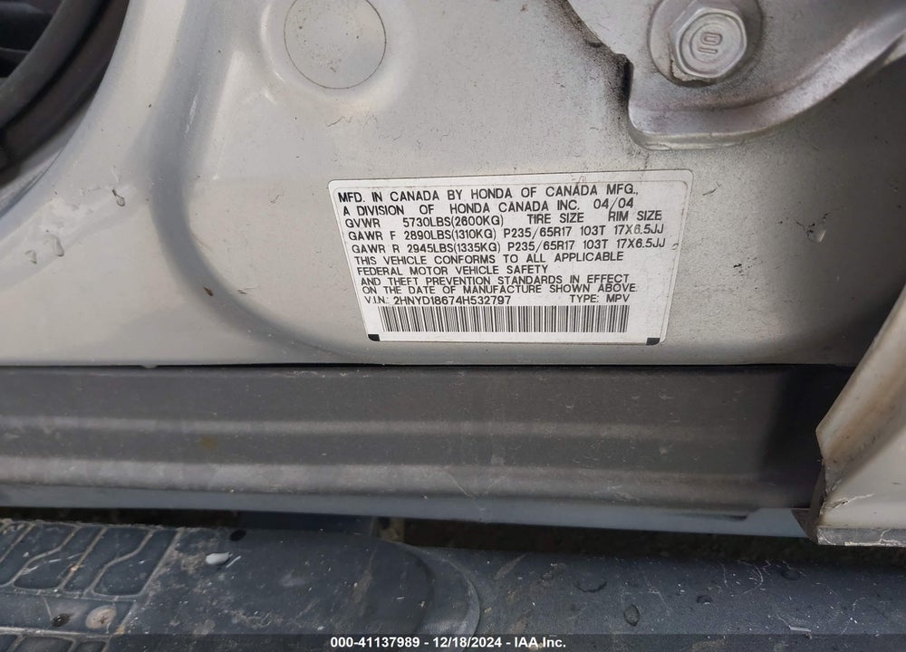 2004 ACURA MDX VIN: 2HNYD18674H532797