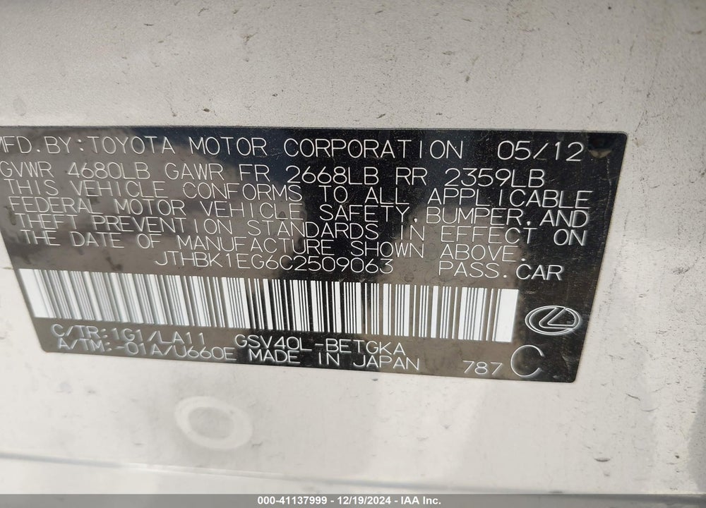 2012 LEXUS ES 350 VIN: JTHBK1EG6C2509063