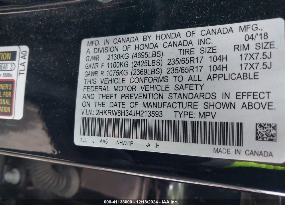 2018 HONDA CR-V LX VIN: 2HKRW6H34JH213593