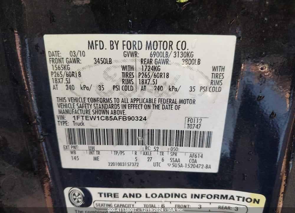 2010 FORD F-150 FX2 SPORT/XL/XLT VIN: 1FTEW1C85AFB90324