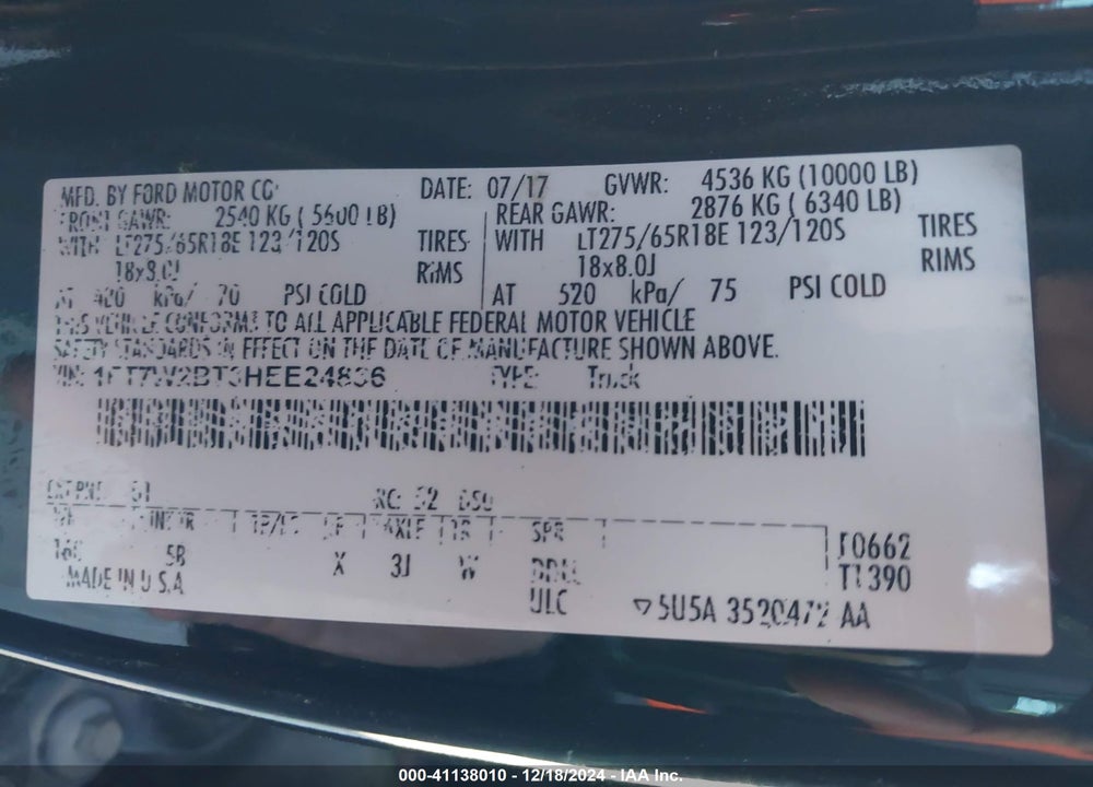 2017 FORD F-250 VIN: 1FT7W2BT3HEE24836