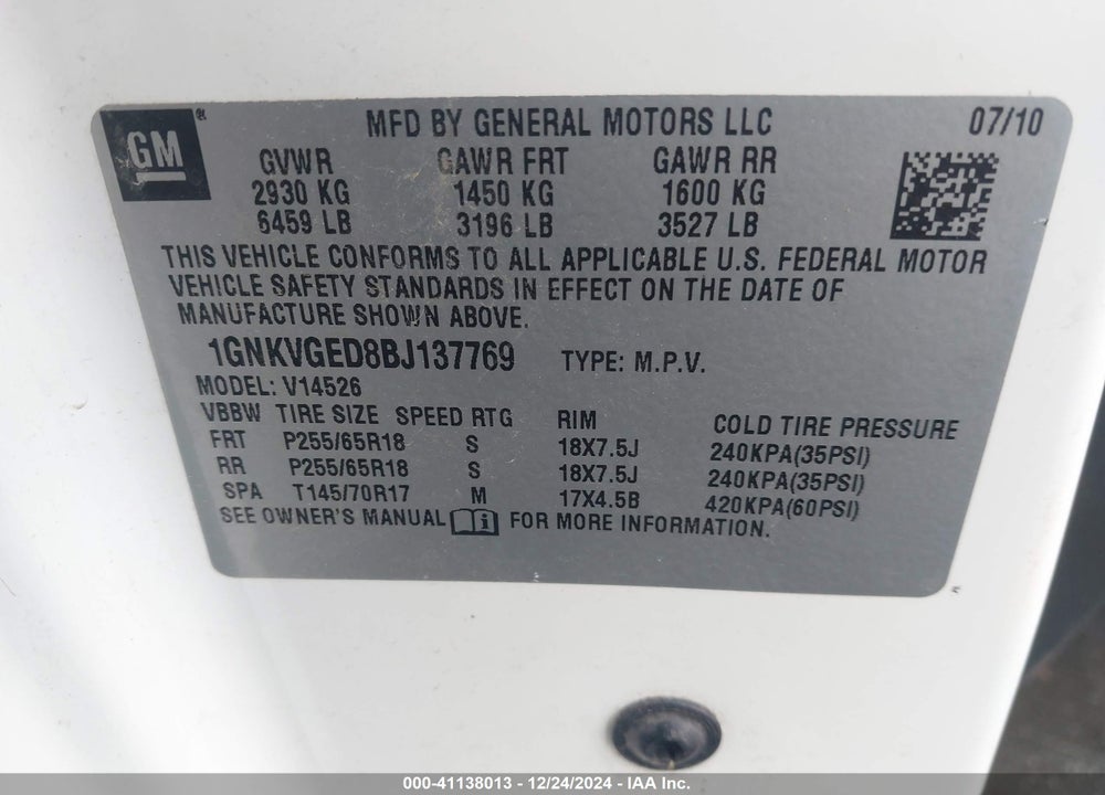 2011 CHEVROLET TRAVERSE 1LT VIN: 1GNKVGED8BJ137769