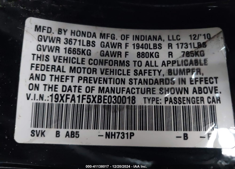 2011 HONDA CIVIC VIN: 19XFA1F5XBE030018