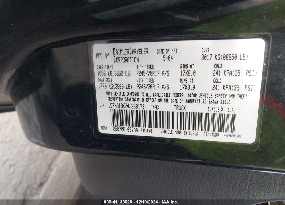 2004 DODGE RAM 1500 ST VIN: 1D7HA18K74J268173