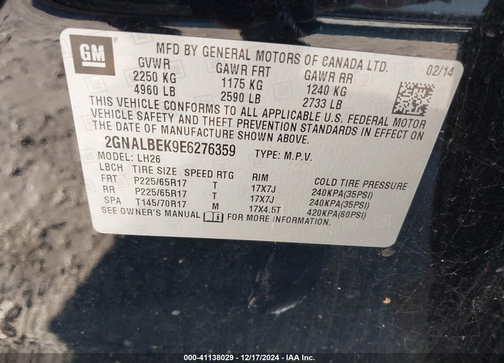 2014 CHEVROLET EQUINOX 1LT VIN: 2GNALBEK9E6276359