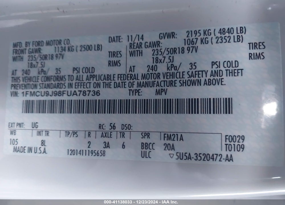 2015 FORD ESCAPE VIN: 1FMCU9J98FUA78736