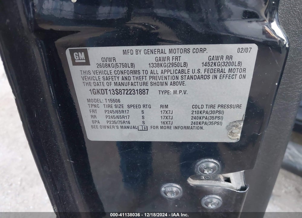 2007 GMC ENVOY SLT VIN: 1GKDT13S872231887